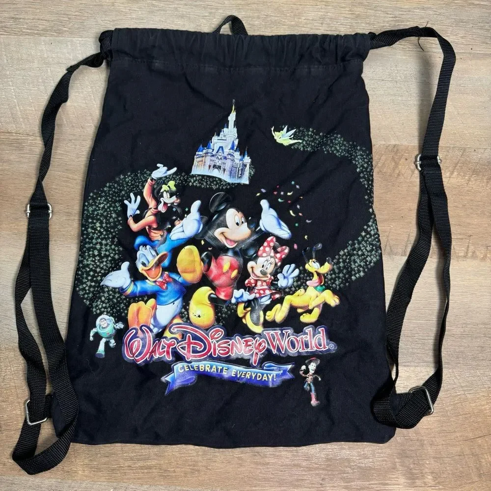 Walt Disney World Black “Celebrate Everyday” Drawstring Backpack w/ Castle